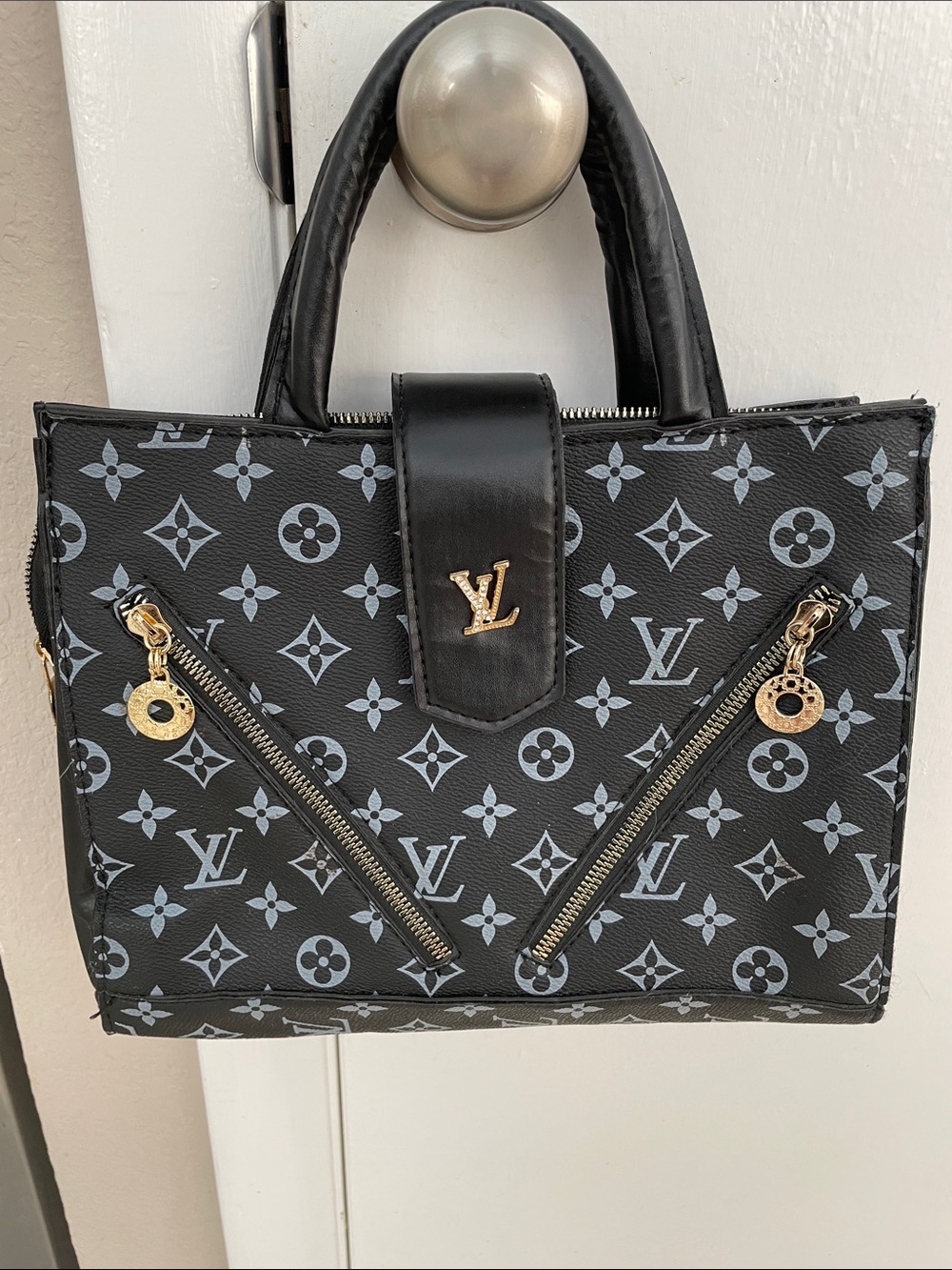 Black & Light Gray Monogram Satchel with Gold Hardware